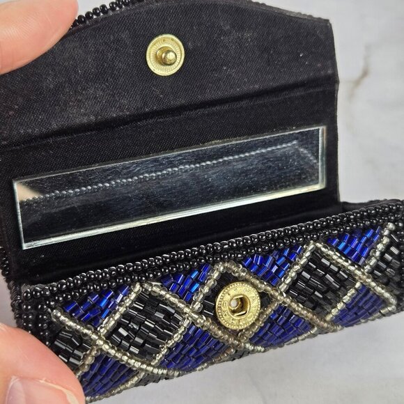 Vintage Beaded Lipstick Case Holder Inside Mirror Snap Closure Black Blue Clear - Picture 6 of 7